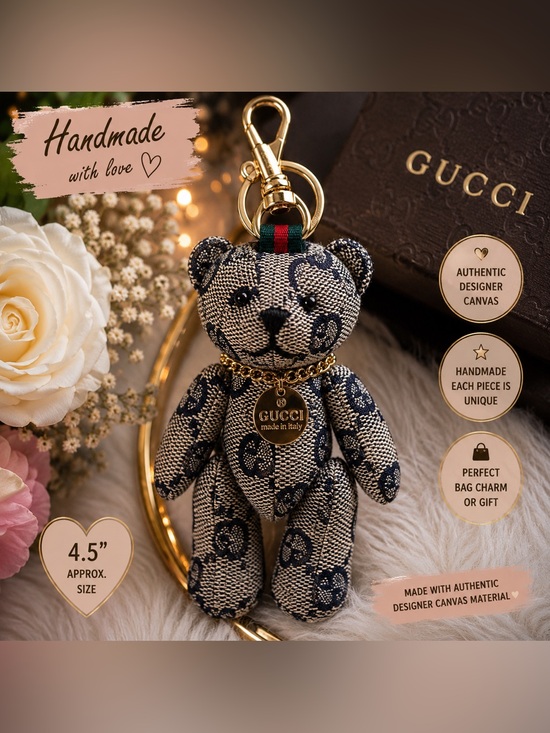 Handmade Accessories - Gucci Navy & Beige Teddy Bear Keychain - Designer Charm